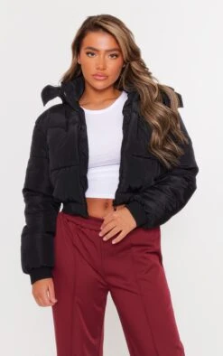 Prettylittlething Black Oversized Cropped Hooded Puffer Coat Black