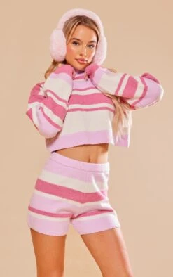 Prettylittlething Pink Stripe Color Block Knit Cross Back Sweater & Shorts Pink -Prettylittlething ff697b3b739084e62bf0abd293d98ea1062ac807 cng3195 3