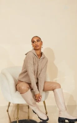 Prettylittlething Stone Half Zip Up Knitted Sweater Stone